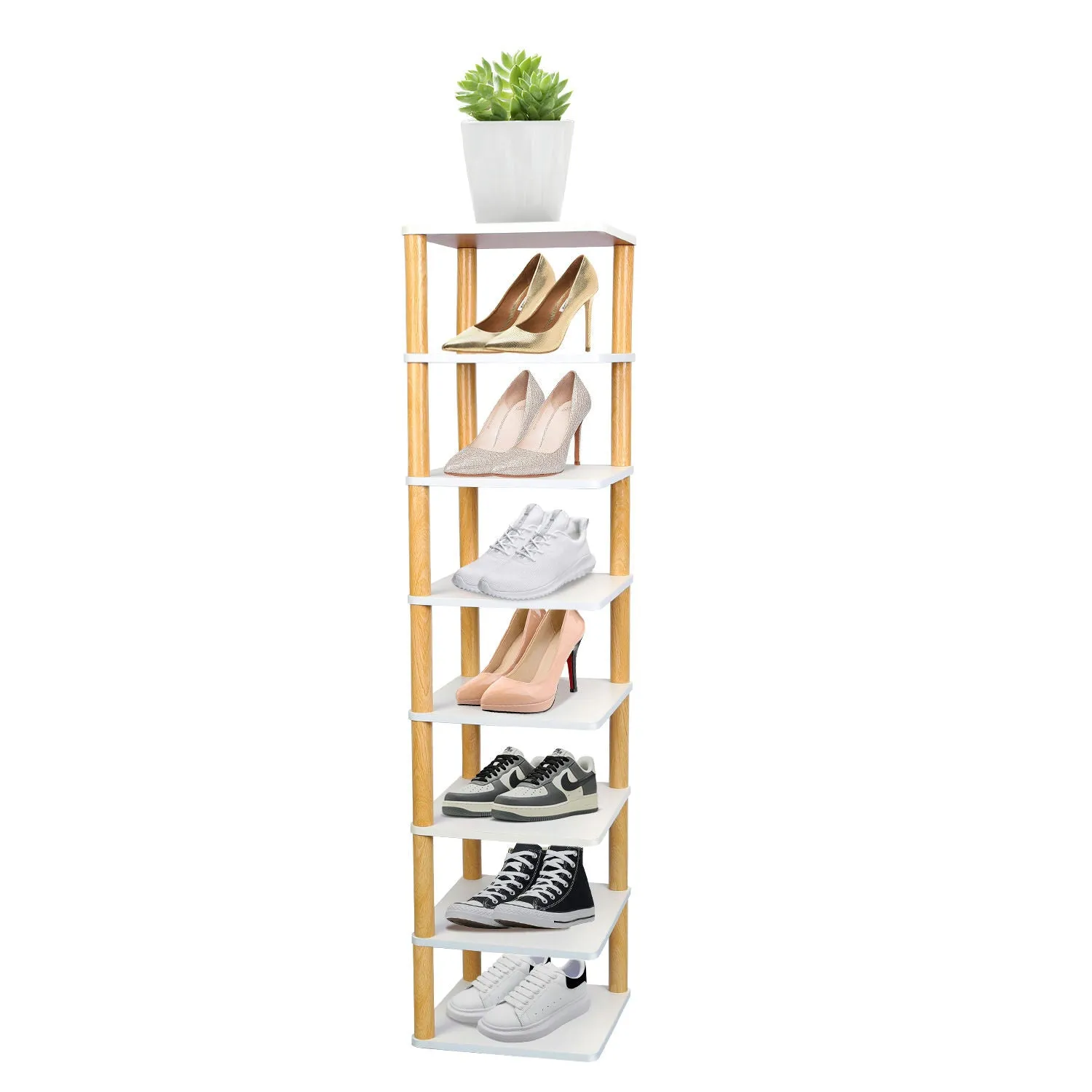 8 Tier Entryway Wooden Shoe Rack Vertical Shoe Shelf Stand Storage Organizer Small Space Saving Corner Shoe Tower Entryway Hallway Closet - White