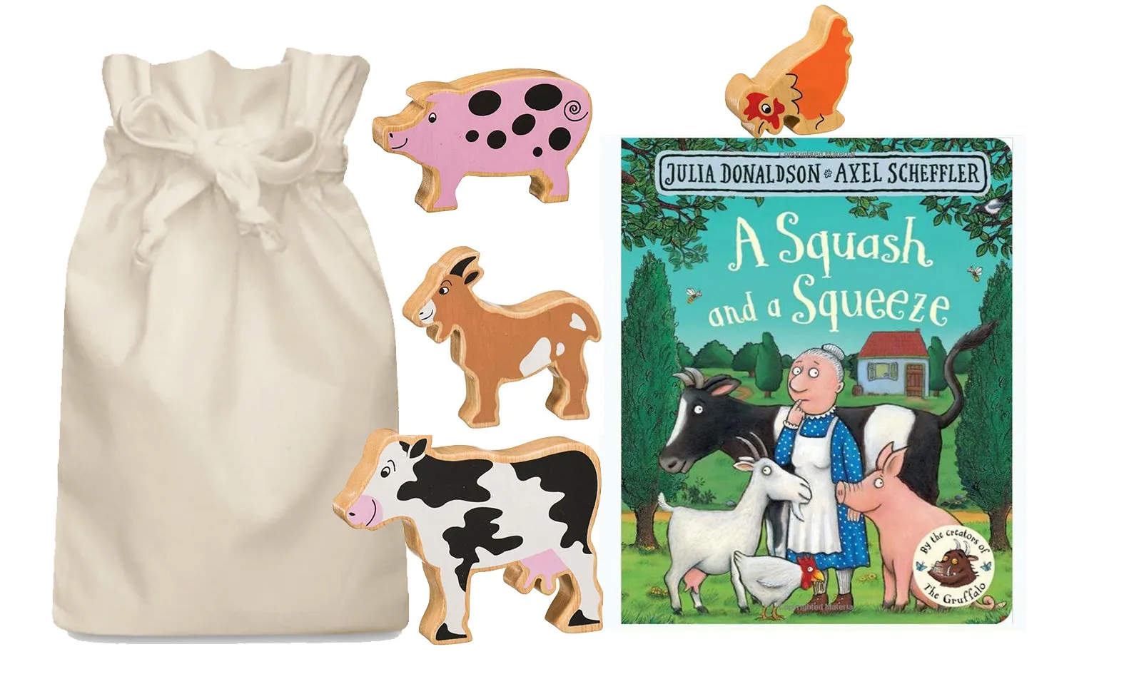 A Squash and a Squeeze Story Sack with Lanka Kade Wooden Animals