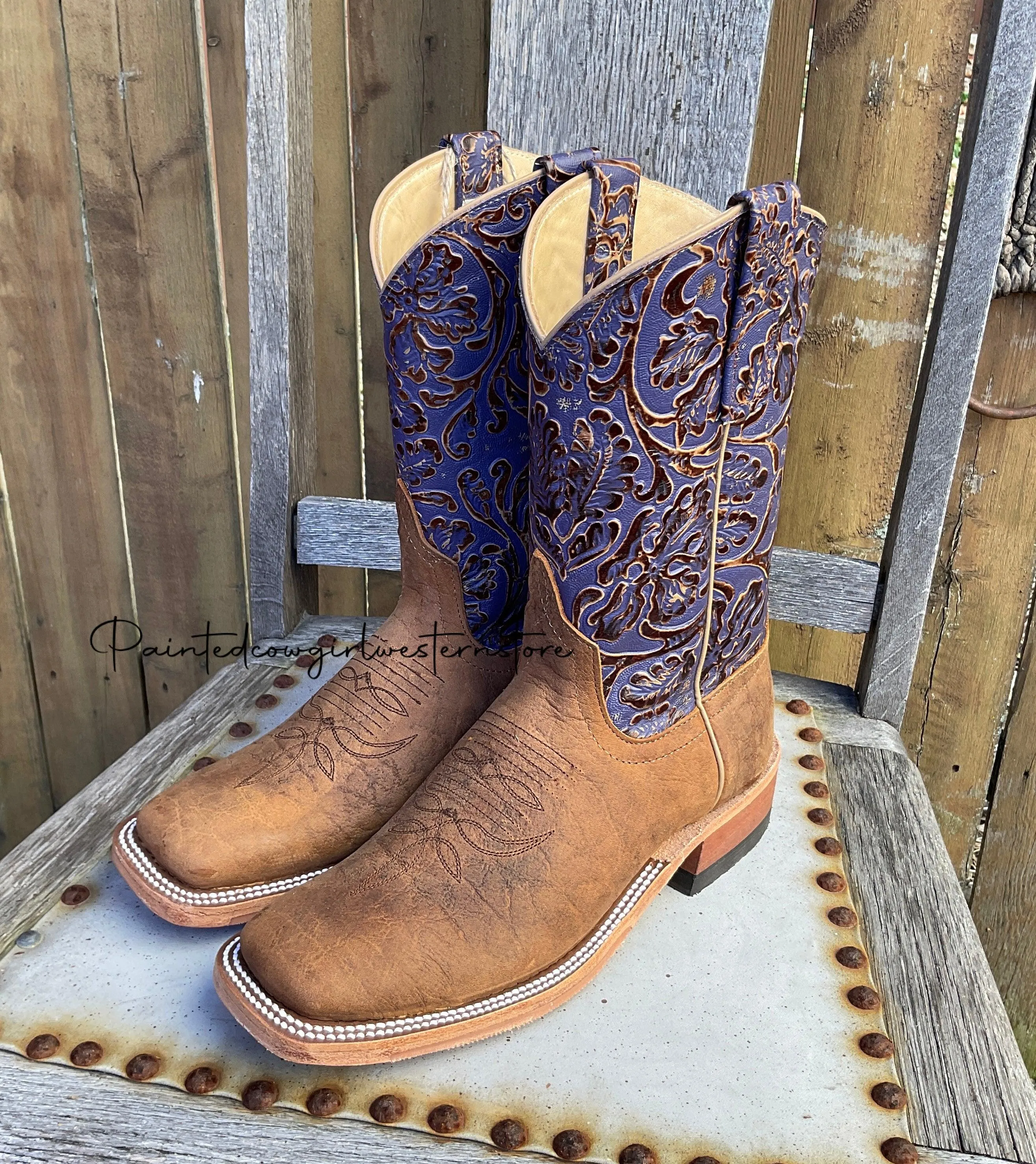 Anderson Bean Women's Natural Brahman Bison/Grape Antique Tooled Square Toe Cowgirl Boots 333627 323445