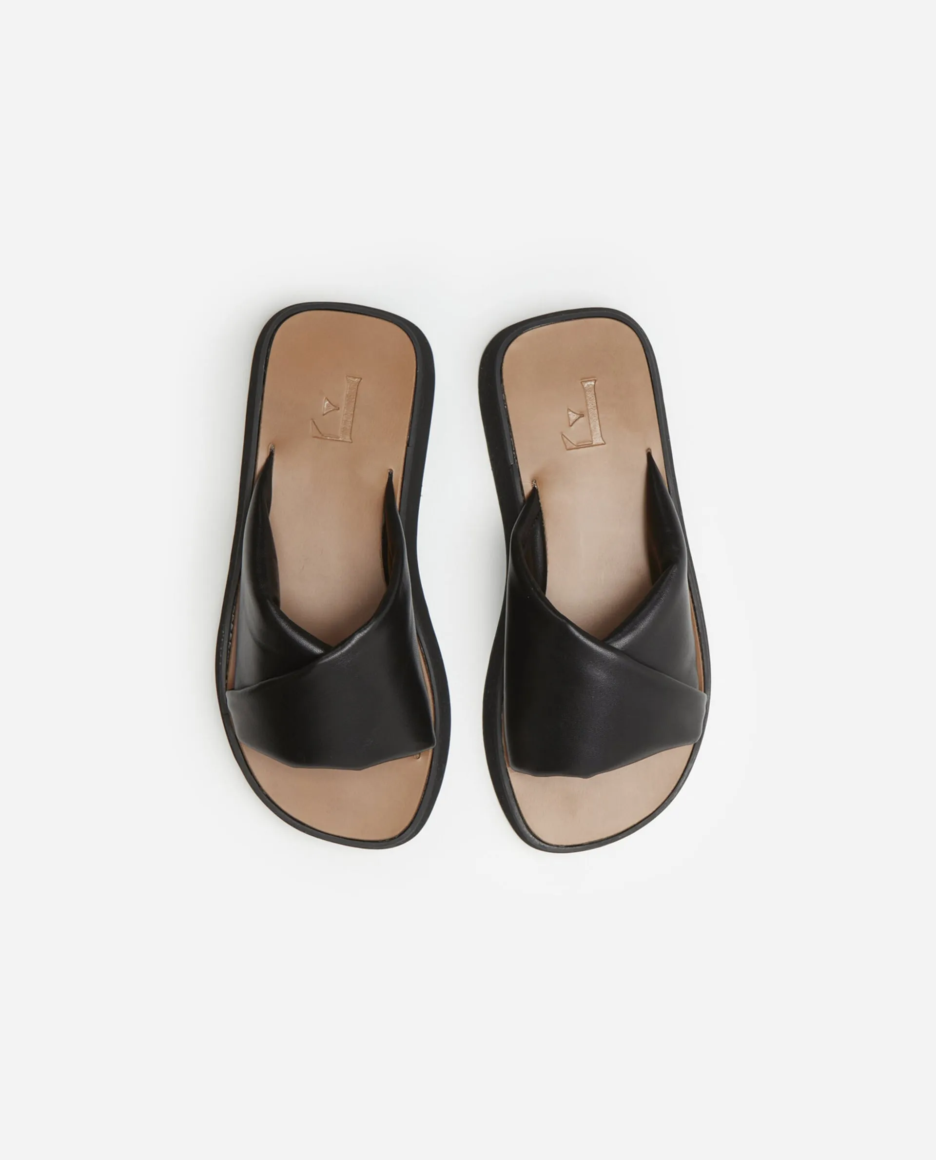 Bea Black Leather Flat Sandals