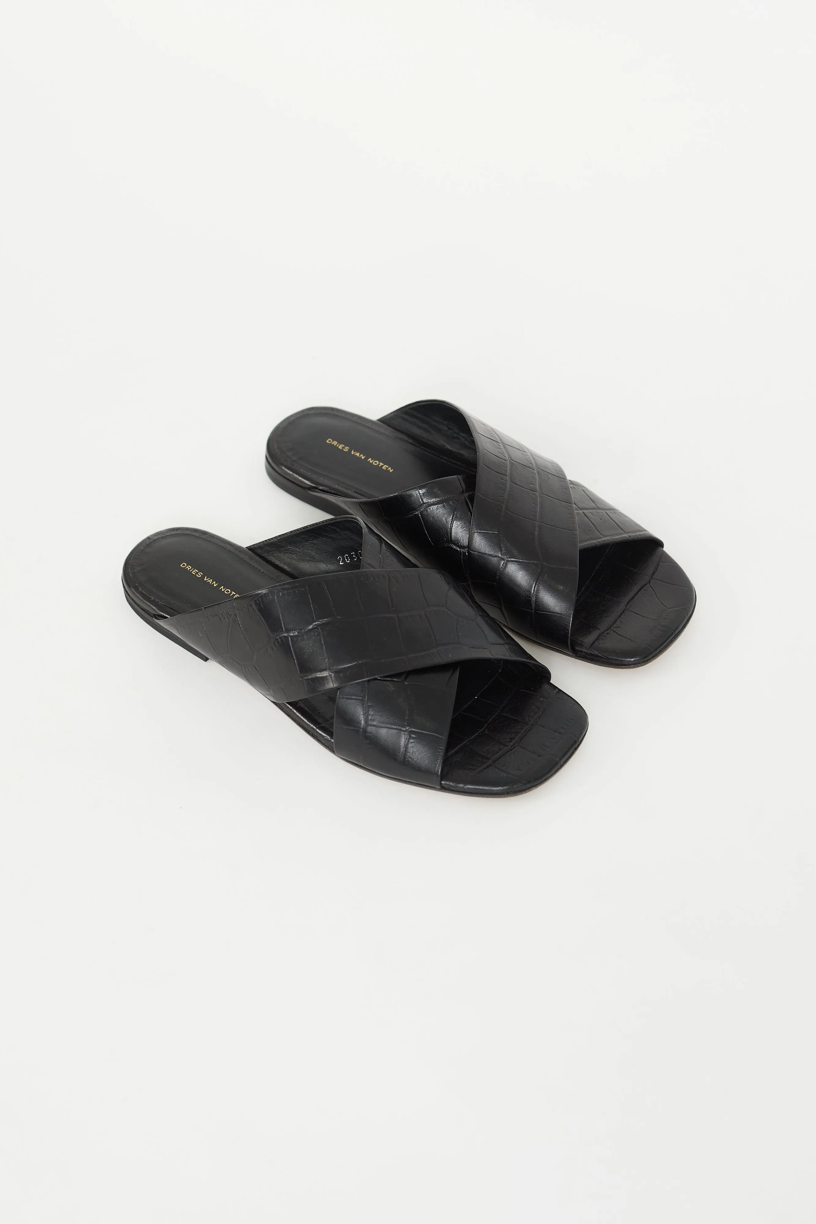 Black Embossed Leather Flat Sandal