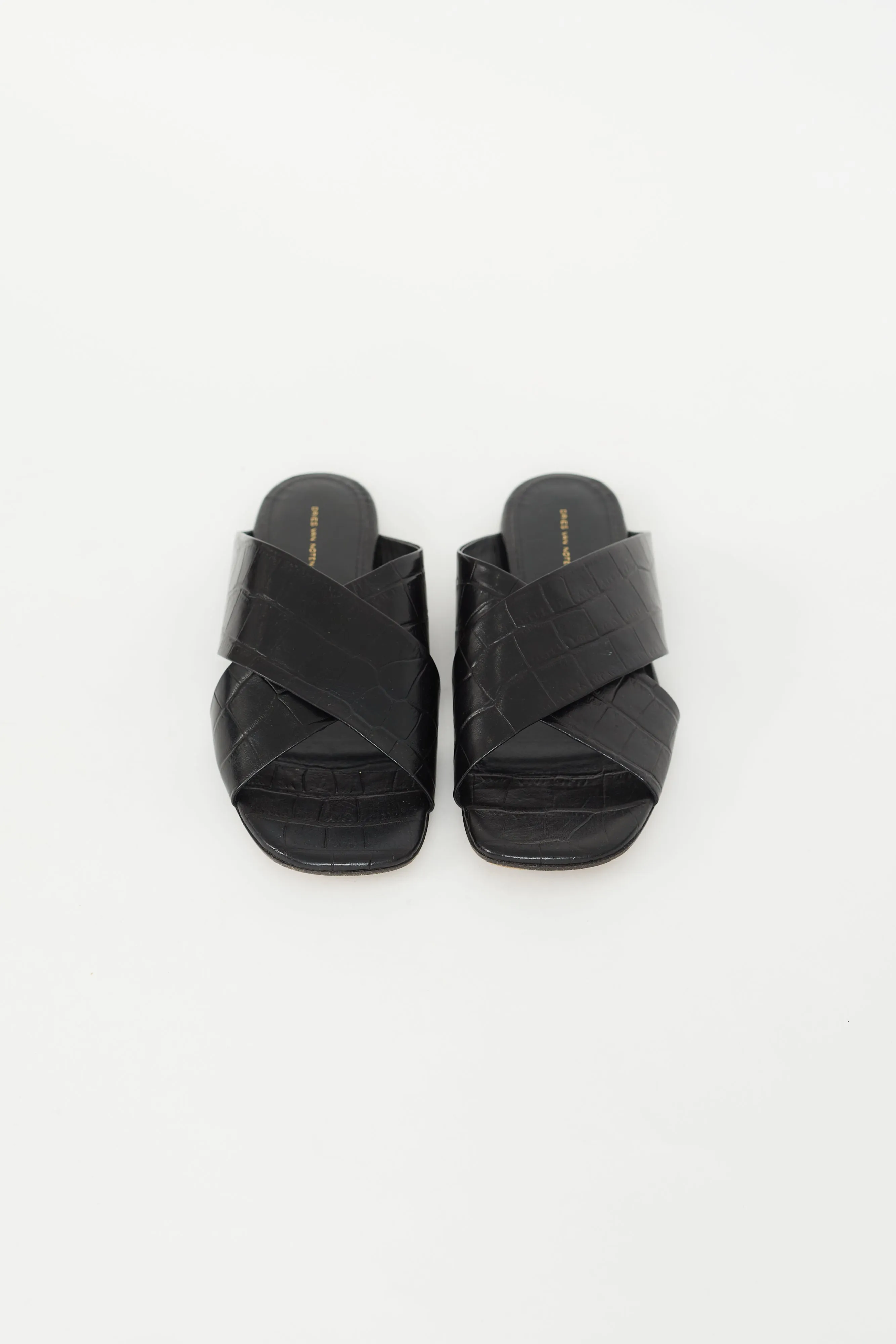 Black Embossed Leather Flat Sandal