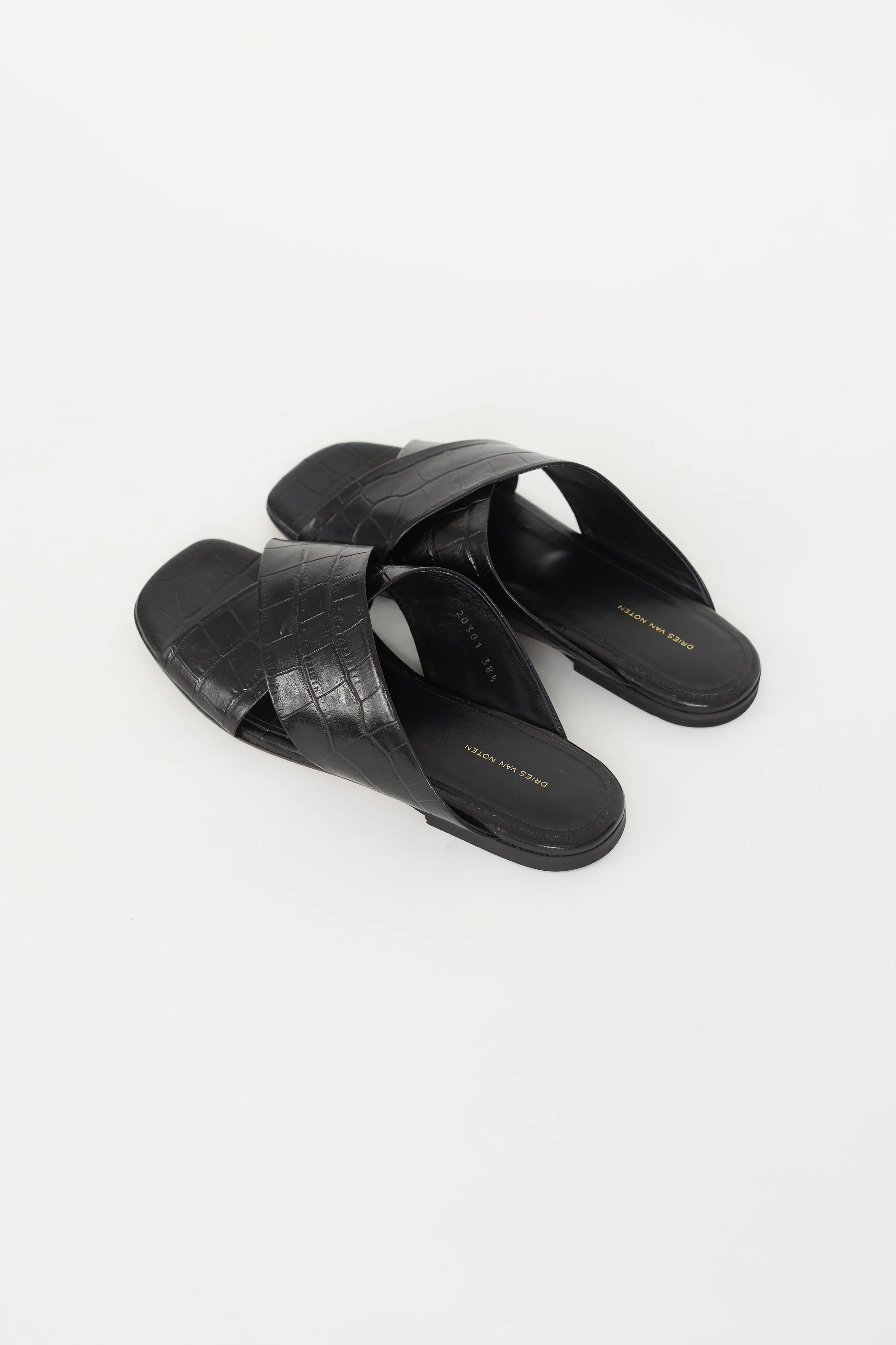 Black Embossed Leather Flat Sandal