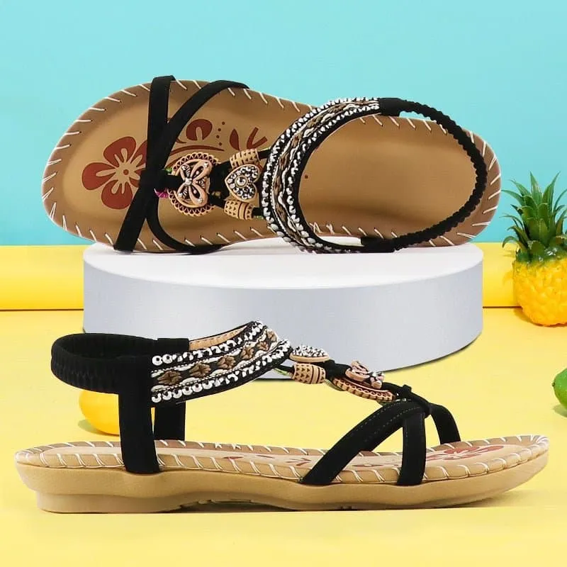 Bohemian Walking Sandals with Floral Pattern - Low-Heeled, Elastic Band Closure