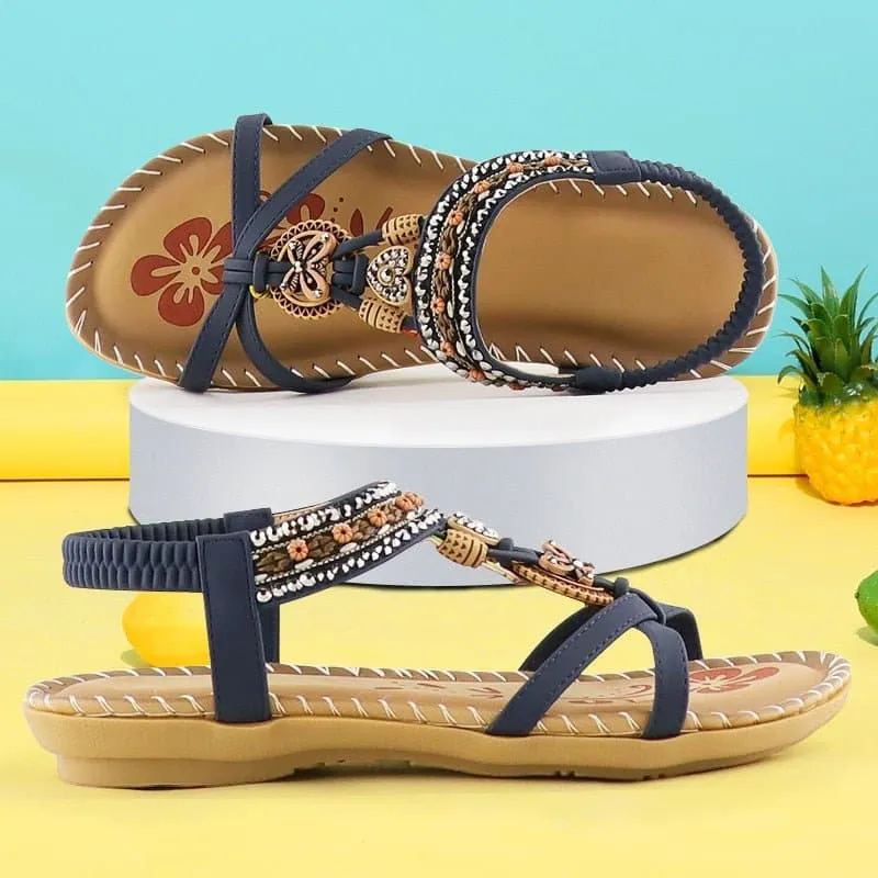 Bohemian Walking Sandals with Floral Pattern - Low-Heeled, Elastic Band Closure