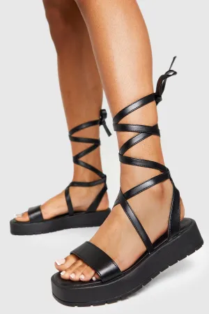 Boohoo Wide Flat Sandals With Toe Ties, Black