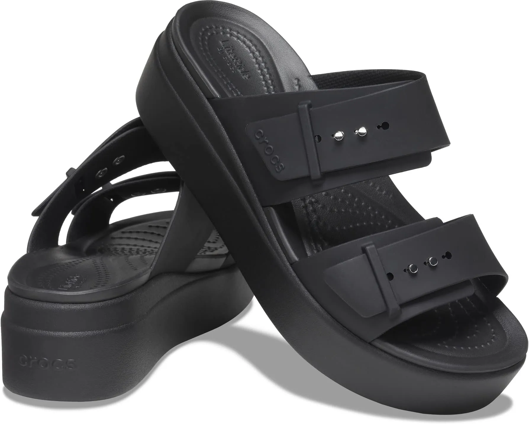 Brooklyn Buckle Low Wedge Crocs Flat Sandals, Black