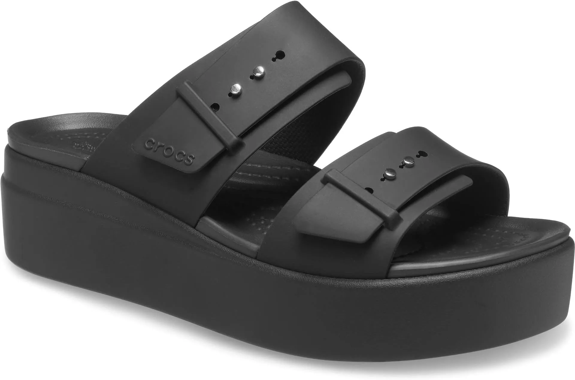 Brooklyn Buckle Low Wedge Crocs Flat Sandals, Black