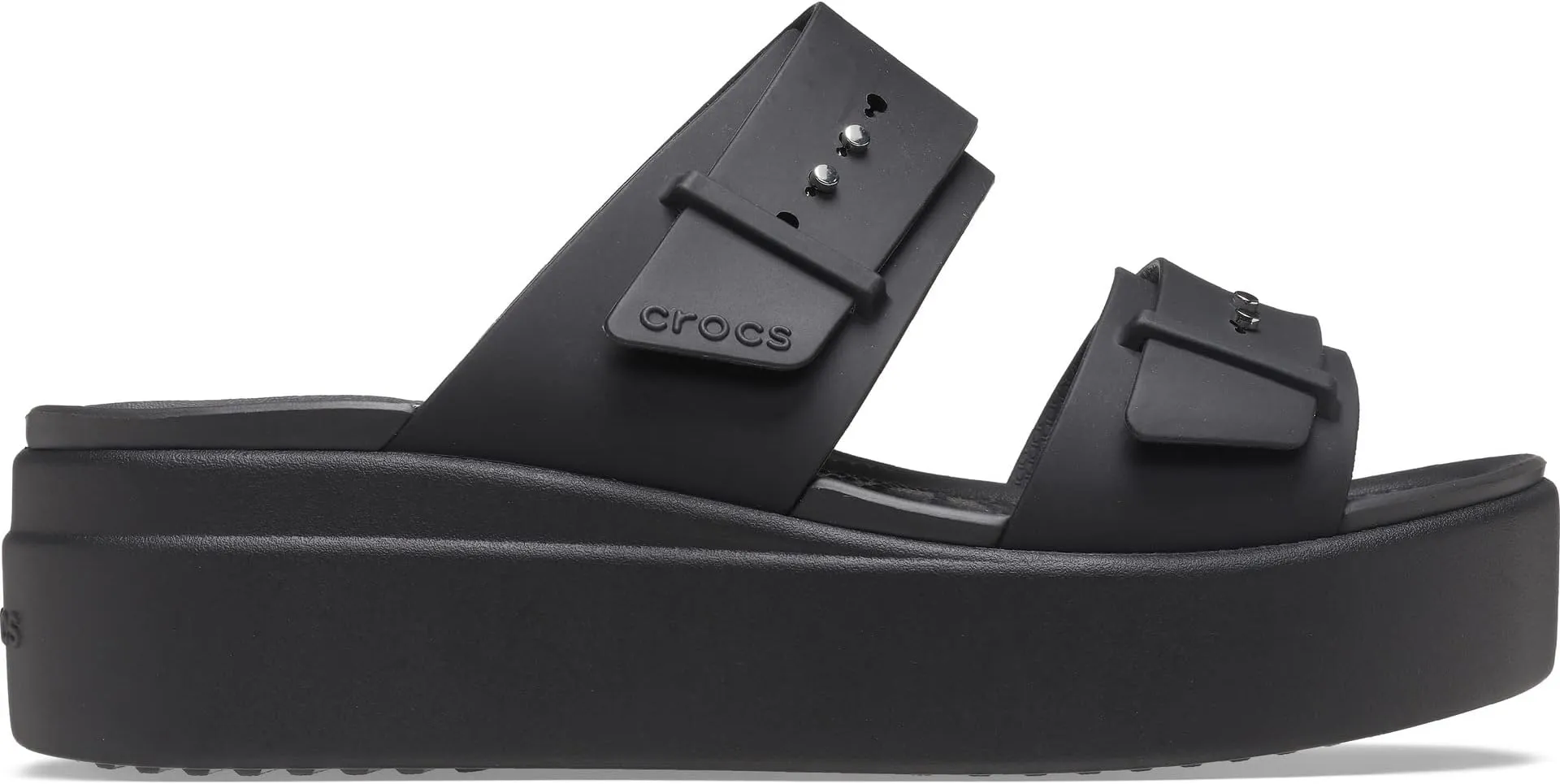 Brooklyn Buckle Low Wedge Crocs Flat Sandals, Black