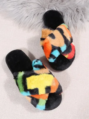 Color Fluffy  Cross  Strap Bedroom Slippers