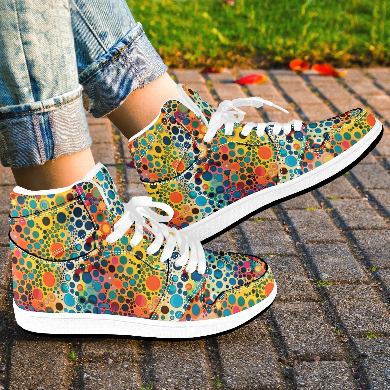 Colorful Psychedelic Women High Top Leather Shoes, Vibrant Lace Up Vegan Sneakers Streetwear Ladies Girls White Trainers Designer Festival