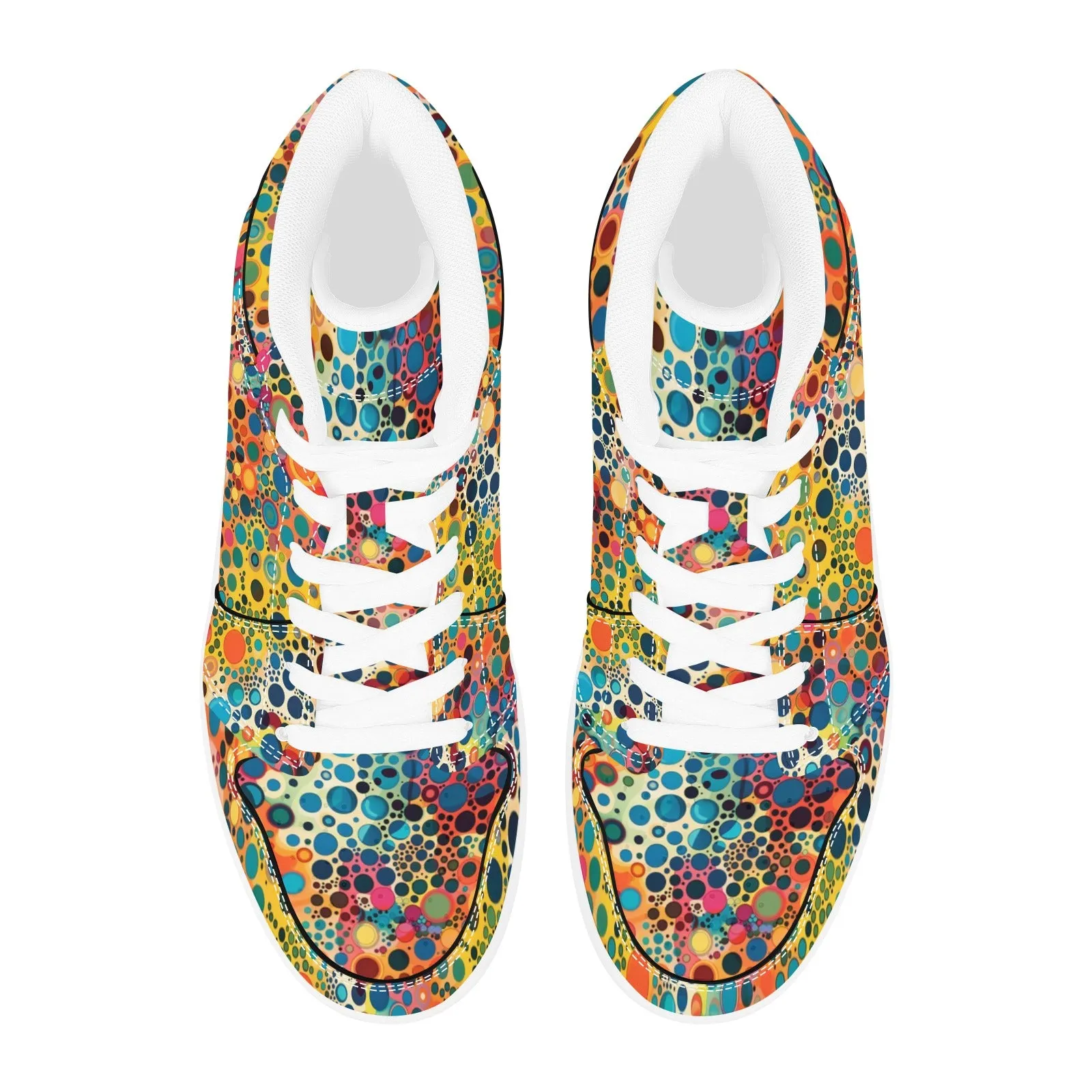 Colorful Psychedelic Women High Top Leather Shoes, Vibrant Lace Up Vegan Sneakers Streetwear Ladies Girls White Trainers Designer Festival