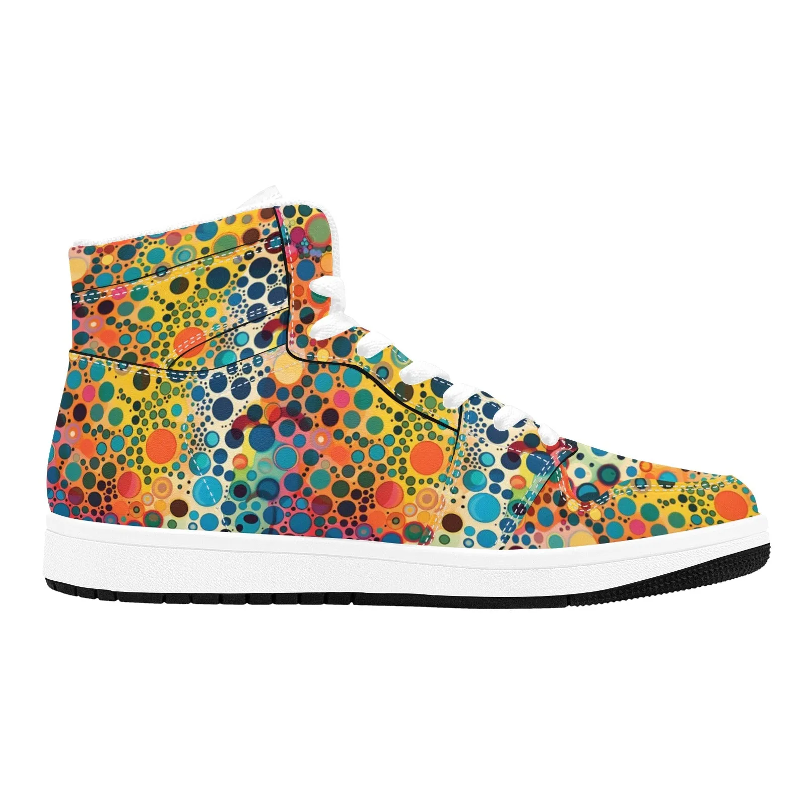 Colorful Psychedelic Women High Top Leather Shoes, Vibrant Lace Up Vegan Sneakers Streetwear Ladies Girls White Trainers Designer Festival