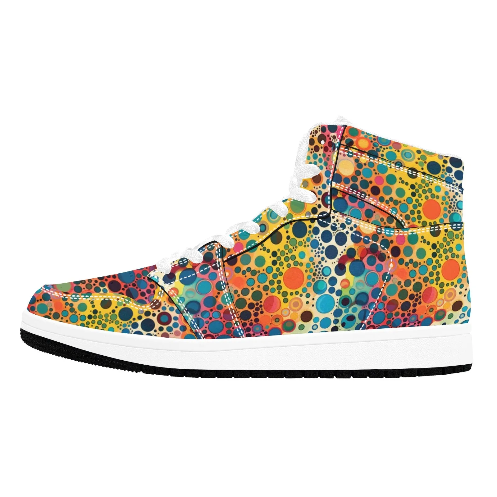 Colorful Psychedelic Women High Top Leather Shoes, Vibrant Lace Up Vegan Sneakers Streetwear Ladies Girls White Trainers Designer Festival