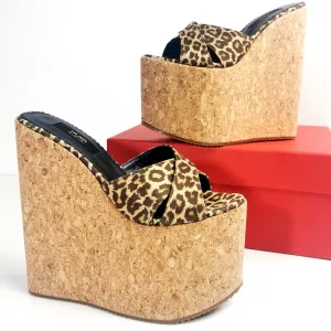 Cork Leopard Cross Strap Wedge Mules