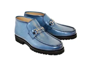 Corrente Ocean Blue Men's Silver Horsebit Buckle Ankle boot Calf Skin Leather Style No : C029-5786