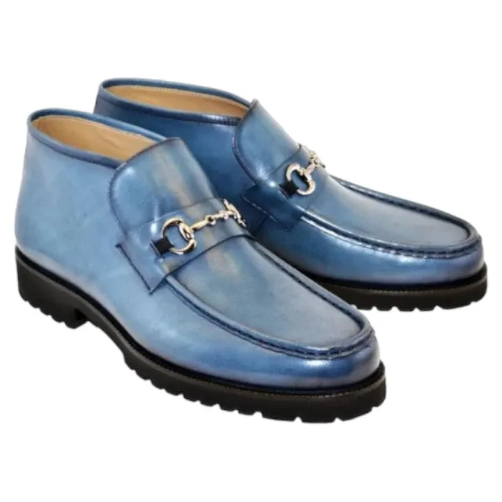 Corrente Ocean Blue Men's Silver Horsebit Buckle Ankle boot Calf Skin Leather Style No : C029-5786