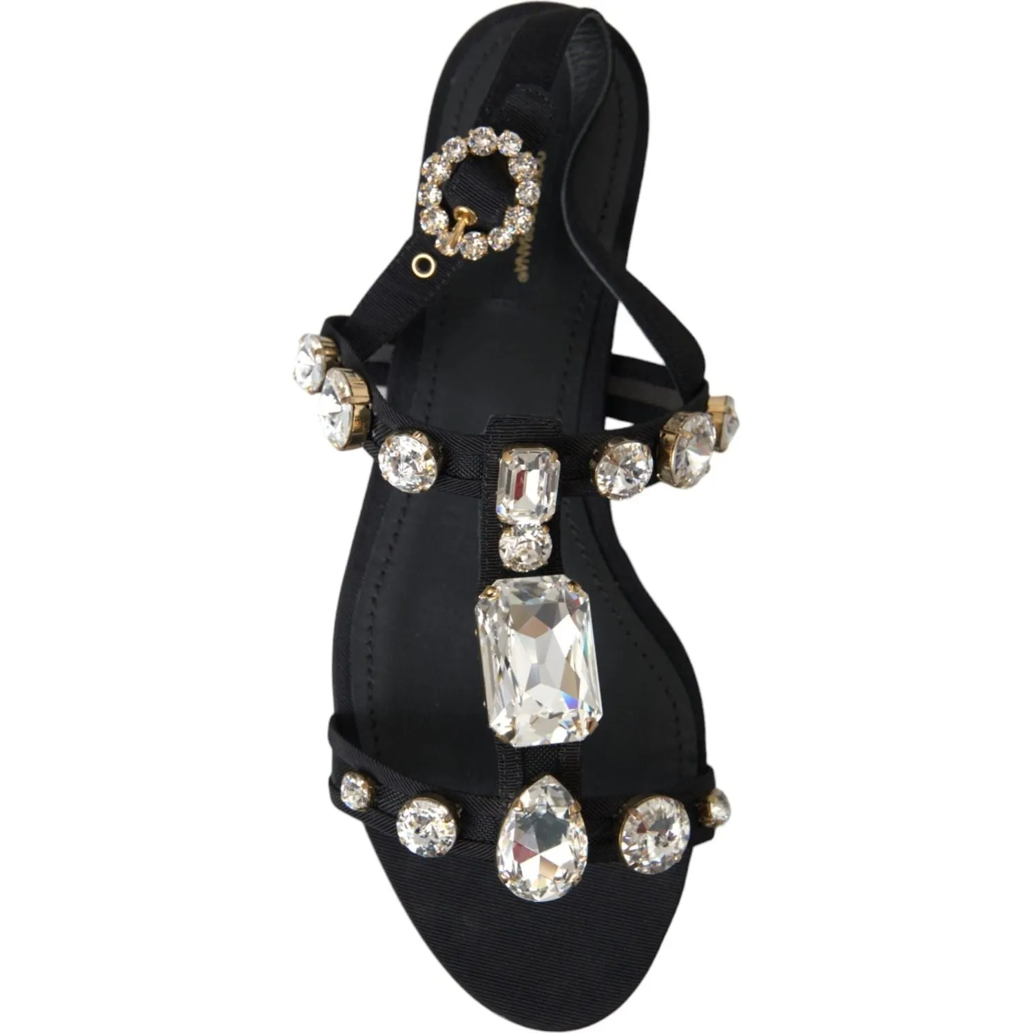 Dolce & Gabbana Black Leather Crystal Flats Sandals Shoes