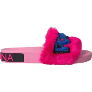 Dolce & Gabbana Multicolor Embroidered Fur Slides Sandals Shoes