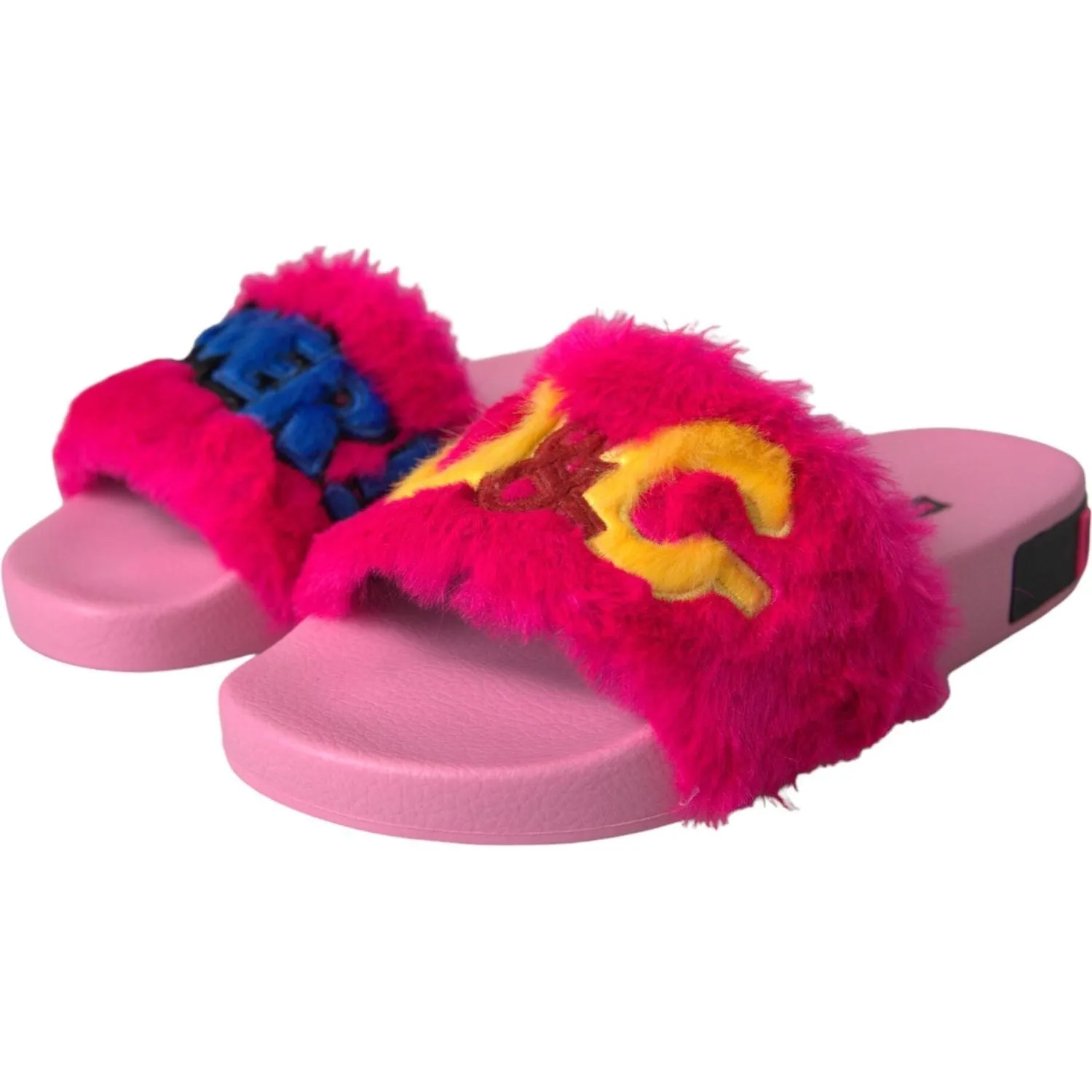 Dolce & Gabbana Multicolor Embroidered Fur Slides Sandals Shoes