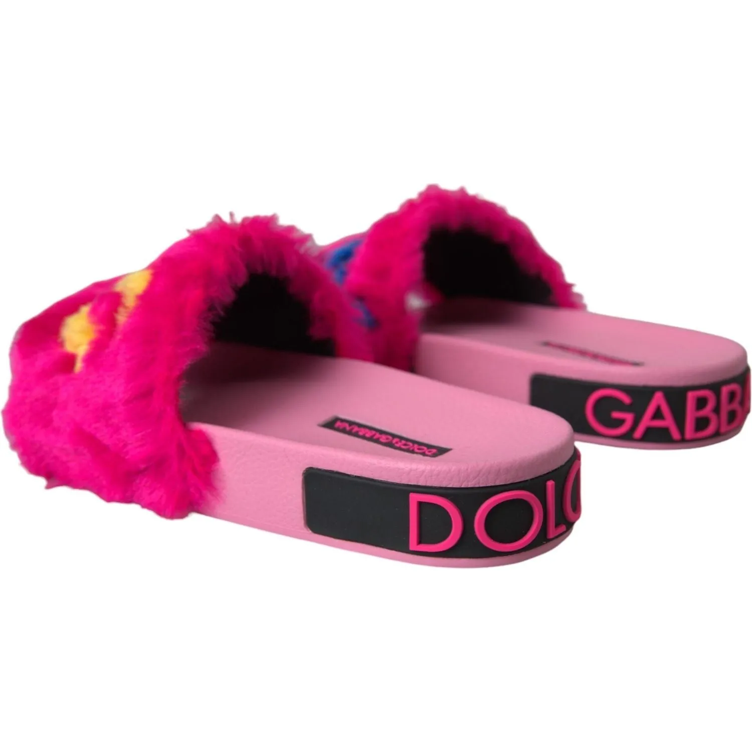 Dolce & Gabbana Multicolor Embroidered Fur Slides Sandals Shoes