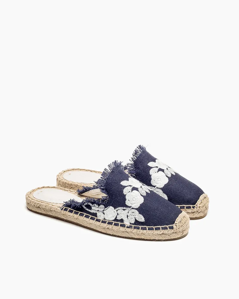 Flower Embroidered Espadrille Flat Mules