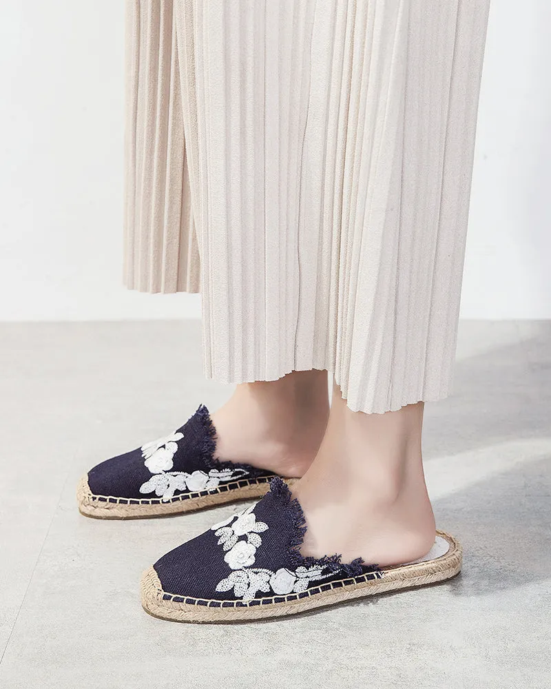 Flower Embroidered Espadrille Flat Mules