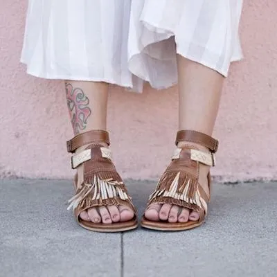 Fringed Belt Buckle Open Toe Hollow Flat Sandals