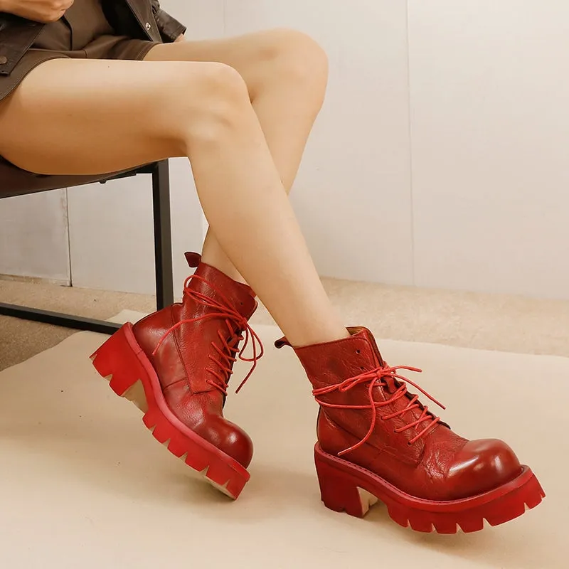 Genuine Leather Vintage Lace-Up Platform Martin Ankle Boots for Women in Red/Gray