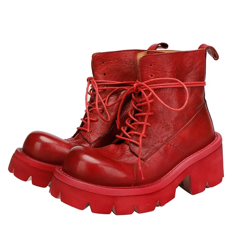 Genuine Leather Vintage Lace-Up Platform Martin Ankle Boots for Women in Red/Gray