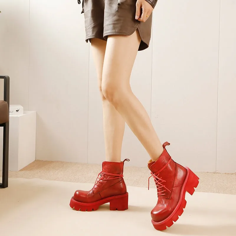 Genuine Leather Vintage Lace-Up Platform Martin Ankle Boots for Women in Red/Gray