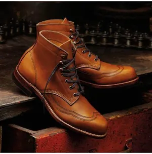 Handmade Men's Ankle Tan Leather Wing Tip Lace Up Boot