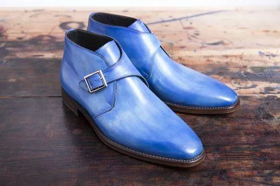 Handmade Men's Half Ankle Leather Monk Strap Blue Boot