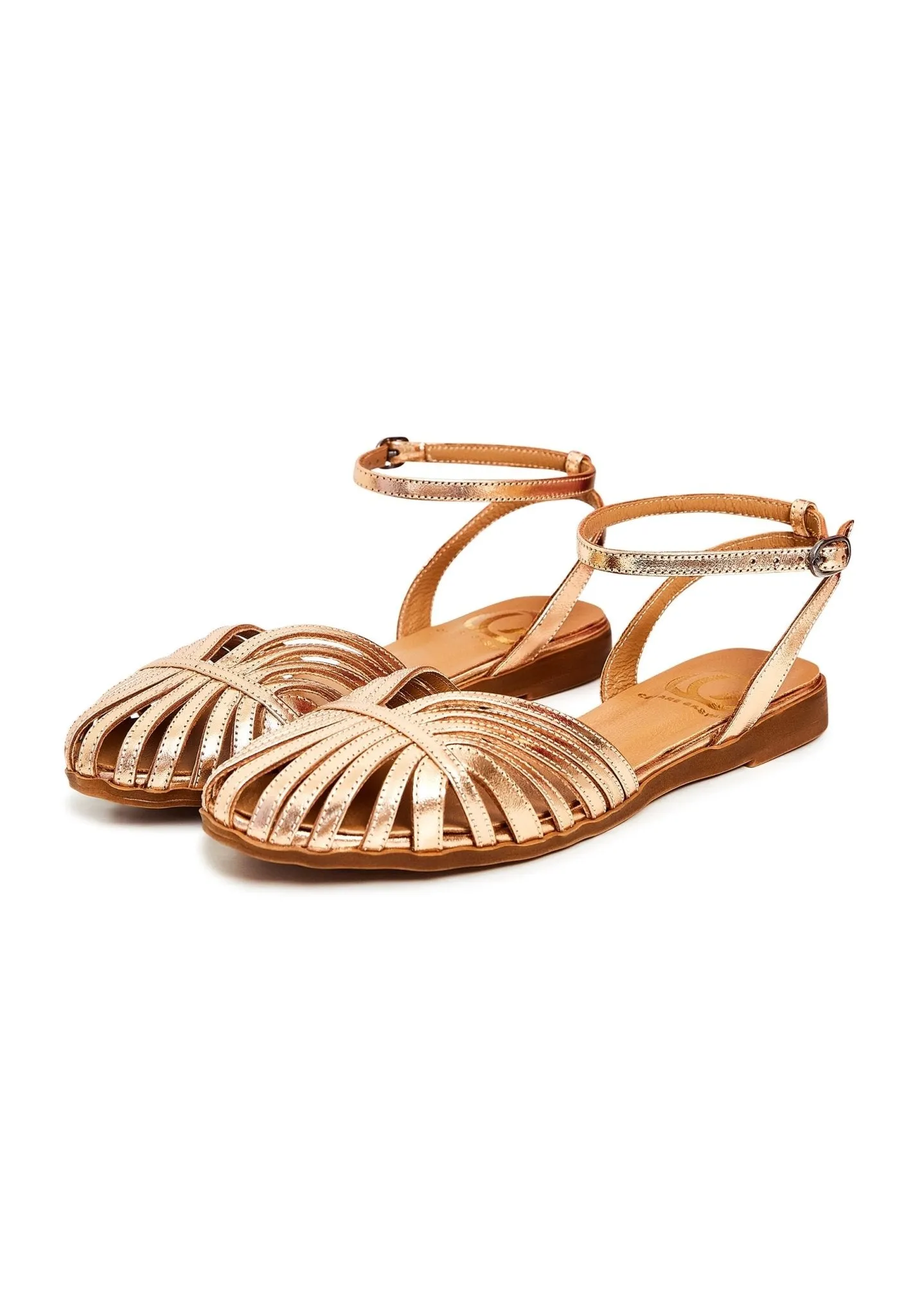 Leather Flat Sole Sandals - Gold