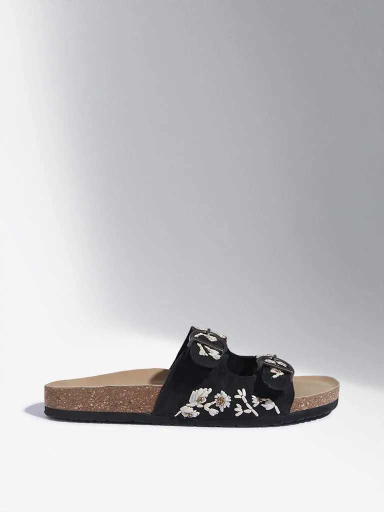 LUNA BLU Black Floral Design Double Band Sandals