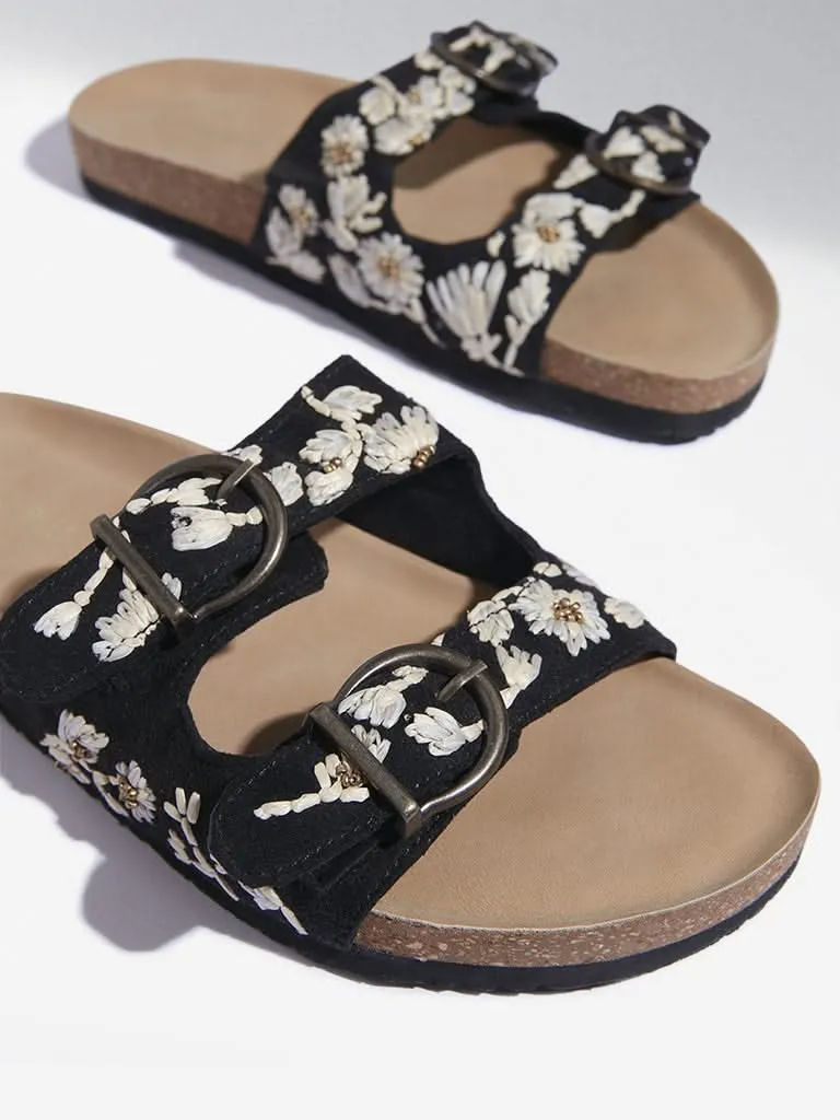 LUNA BLU Black Floral Design Double Band Sandals