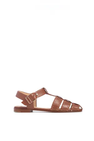 Lynn Flat Sandal in Cognac Nappa Leather with Stitch