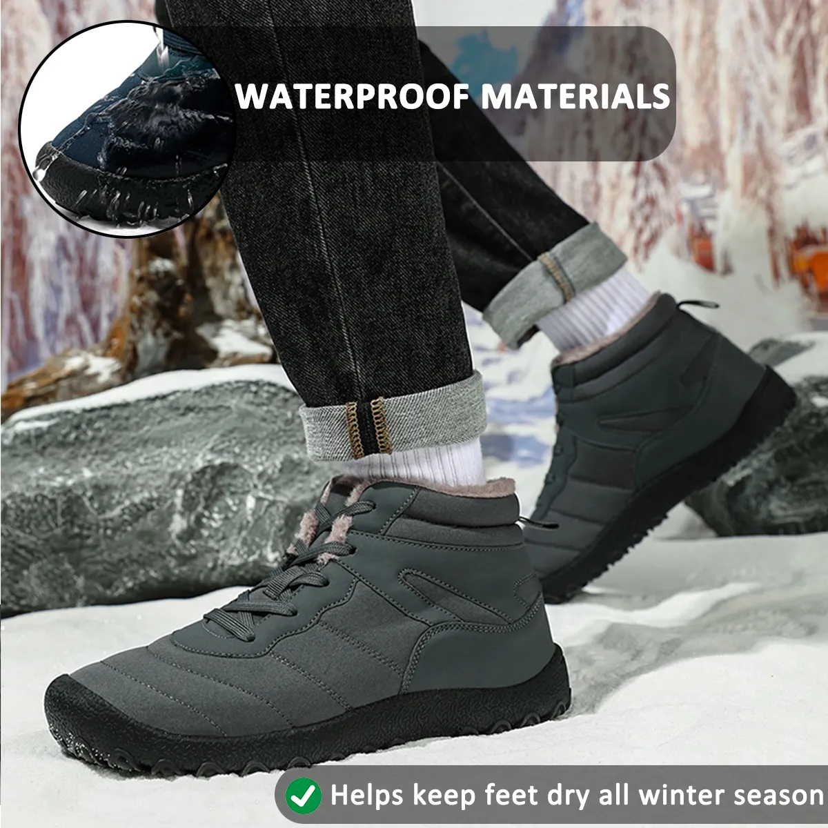 Men's Snow Boots Cold-Proof Straps Winter Shoes Hiking Shoes Footwear Non-slip & Waterproof Winter Barefoot Shoe