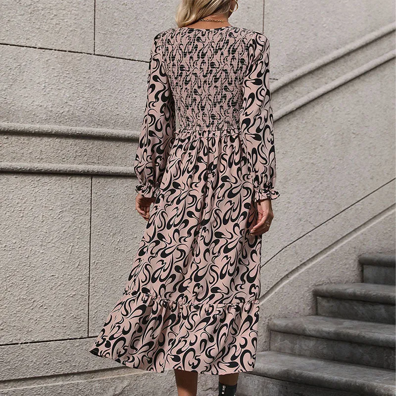 METAVERSMALL foreign trade long dress New autumn and winter new 2025 women's clothing  V-neck long-sleeved printed dress