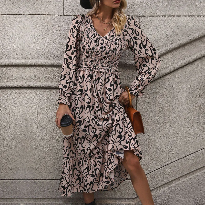 METAVERSMALL foreign trade long dress New autumn and winter new 2025 women's clothing  V-neck long-sleeved printed dress