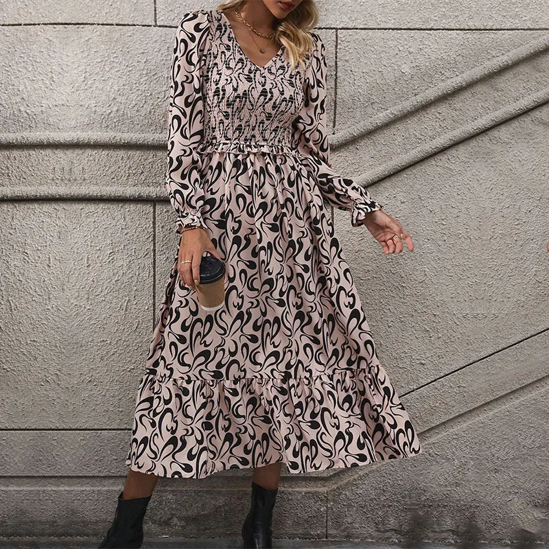 METAVERSMALL foreign trade long dress New autumn and winter new 2025 women's clothing  V-neck long-sleeved printed dress