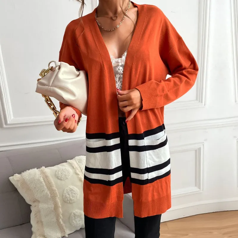 METAVERSMALL women's clothing New autumn new striped contrasting color knitted cardigan long-sleeved casual thin coat