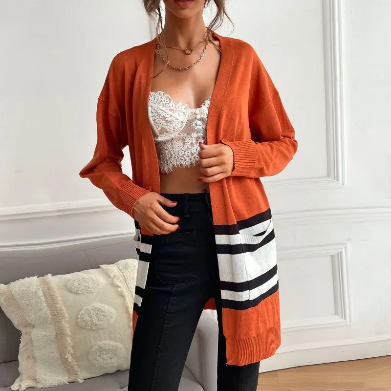 METAVERSMALL women's clothing New autumn new striped contrasting color knitted cardigan long-sleeved casual thin coat