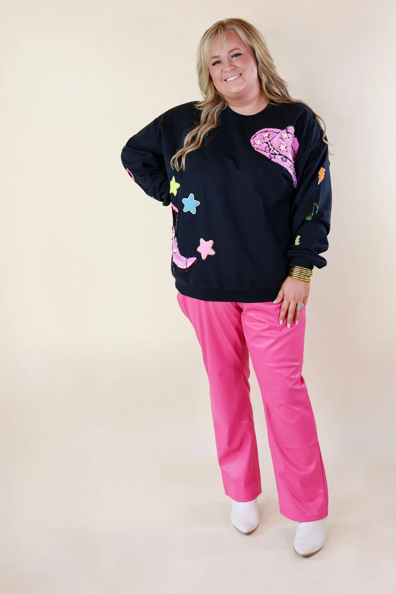 Nashville Lights Chenille and Sequin Patch Graphic Sweatshirt in Black