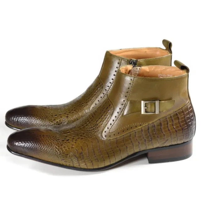 Olive Colored Snakeskin Handmade Chelsea Boots