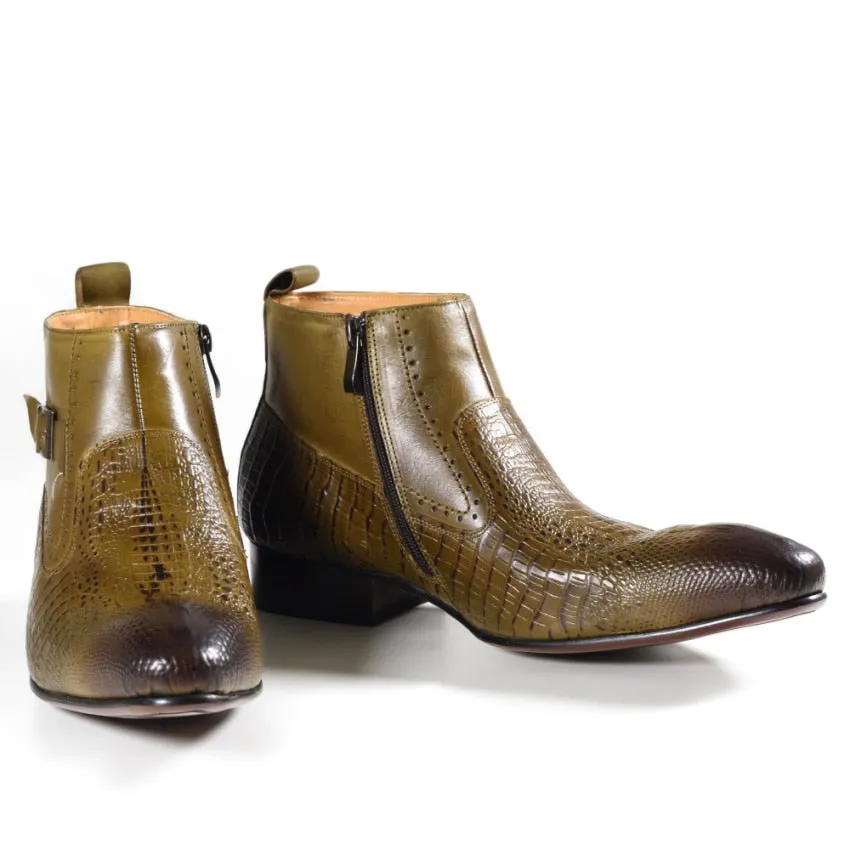 Olive Colored Snakeskin Handmade Chelsea Boots