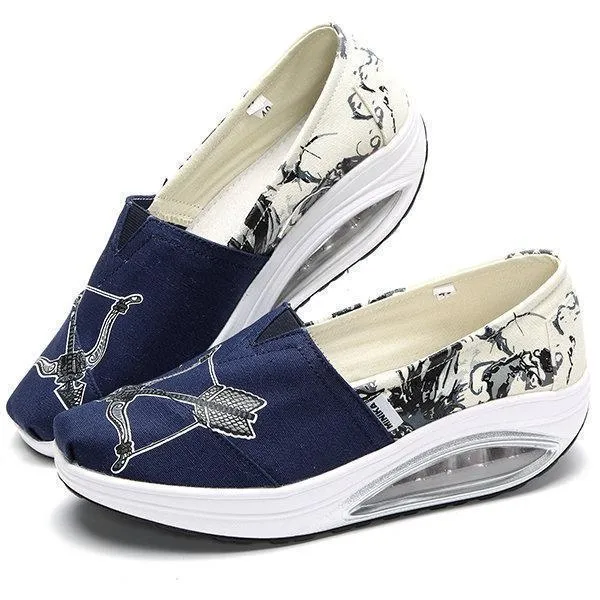 Pattern Color Blocking Canvas Platform Rocker Sole Shake Shoes