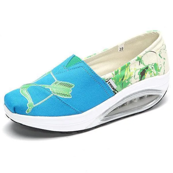 Pattern Color Blocking Canvas Platform Rocker Sole Shake Shoes