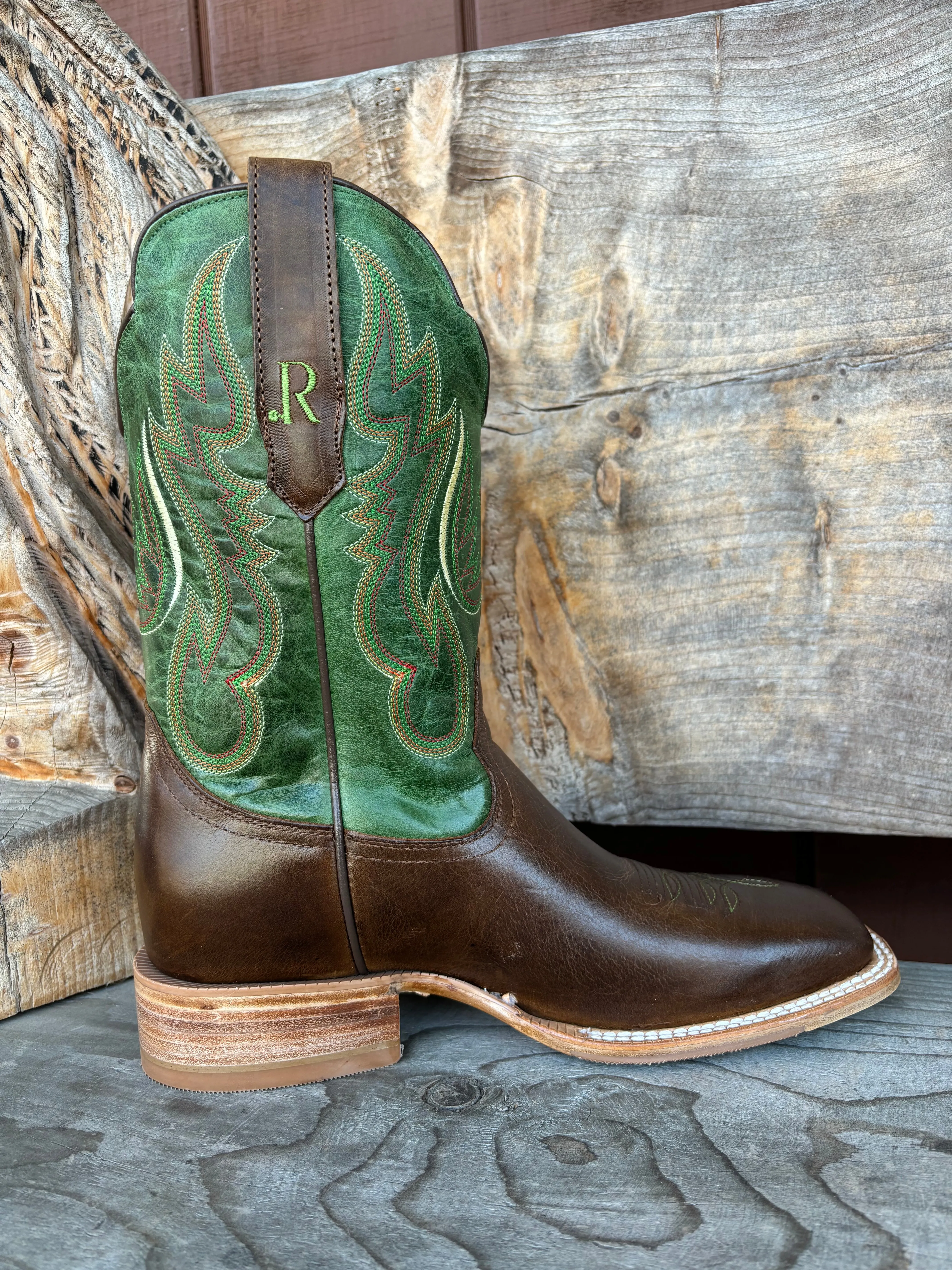 R. Watson Men's Vintage Green & Tobacco Wide Square Toe Cowboy Boots RW8034-2