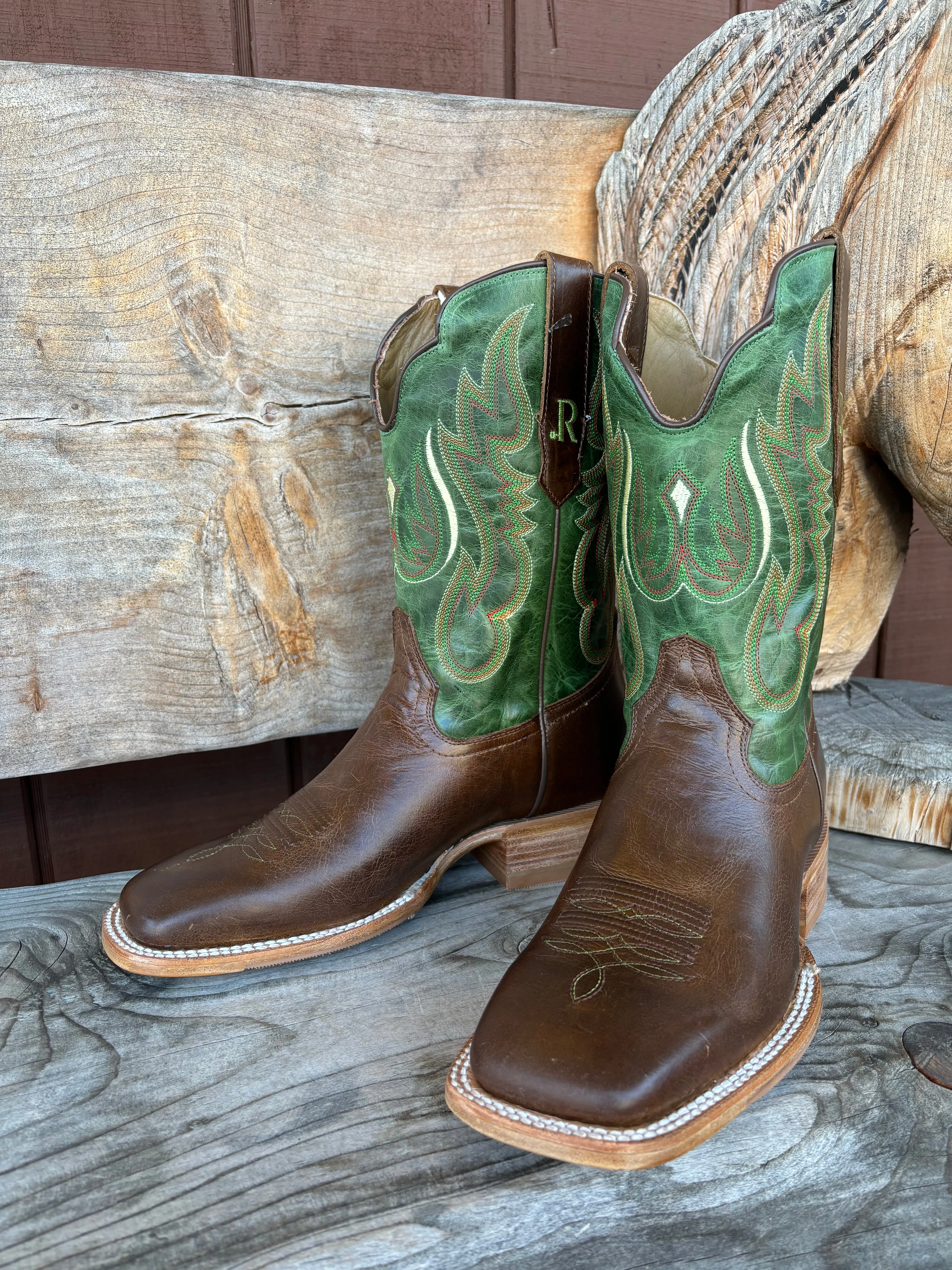 R. Watson Men's Vintage Green & Tobacco Wide Square Toe Cowboy Boots RW8034-2